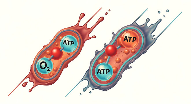 Cellular respiration illustration showing oxygen and atp production, energy generation in mitochondria, cellular metabolism