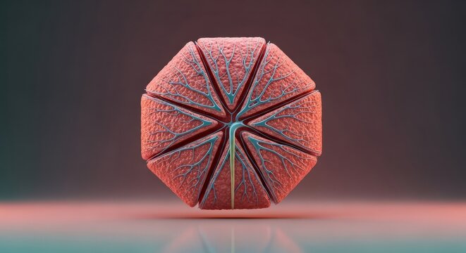 Liver lobule 3D microscopic render, hepatic hexagonal microarchitecture visualization, central vein sinusoidal network, hepatocyte plates structure, metabolic blood filtration unit concept