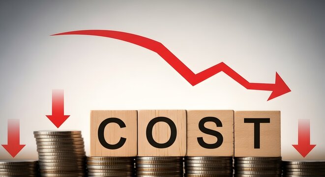 Word COST spelled with wooden blocks and descending red arrow showing business cost reduction, savings, and financial decline