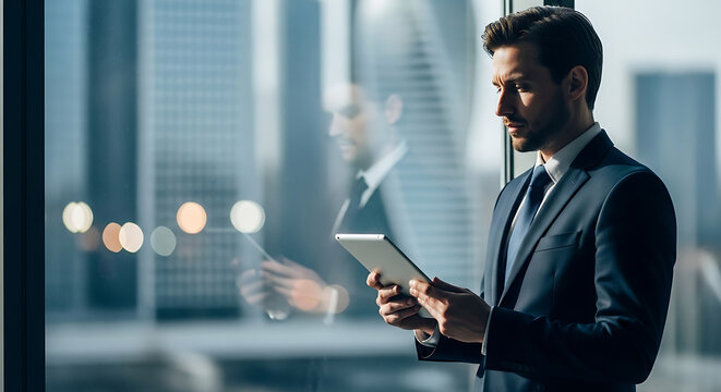 A professional businessman in a dark suit intently uses a digital tablet while standing by a large office window overlooking a modern city skyline.