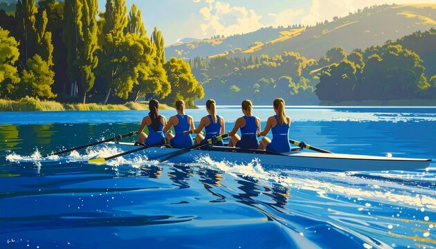 Five athletes in blue outfits row together in a sleek racing boat on a calm river, synchronized in motion, surrounded by lush trees and hills under a clear sky, symbolizing teamwork and coordination.