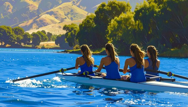 Five athletes in blue outfits row together in a sleek racing boat on a calm river, synchronized in motion, surrounded by lush trees and hills under a clear sky, symbolizing teamwork and coordination.