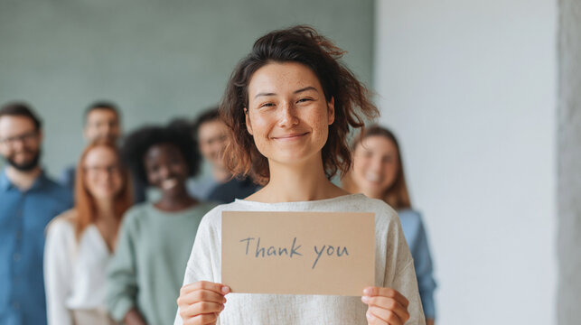 Cheerful Woman Holding a THANK YOU Card in Front of a Large Group of People in a Bright Indoor Environment