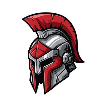 Red and silver ancient Greek warrior helmet.