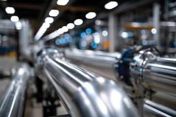 Fototapeta premium This image showcases a close-up of shiny metal pipes inside a factory, emphasizing modern industrial design and intricate craftsmanship prevalent in manufacturing spaces.
