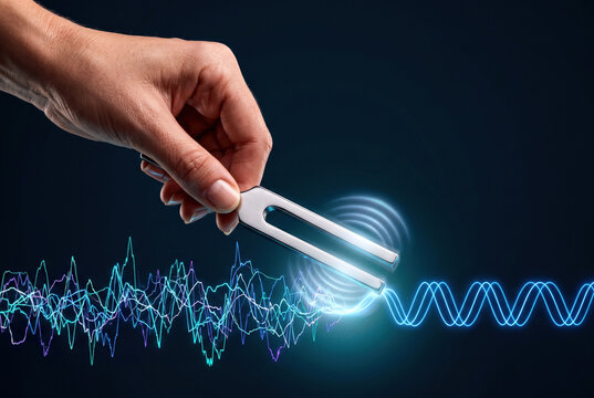 Hand holding tuning fork emitting sound waves merging into DNA strand.