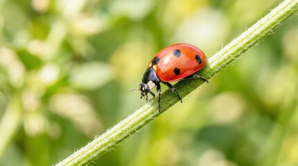 Obraz premium Seven spotted ladybug perched on green stem with blurred background sharp focus realistic macro nature photography