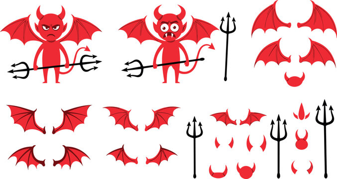 Devil cartoon character and elements collection with wings horns trident Halloween symbols isolated vector illustration set