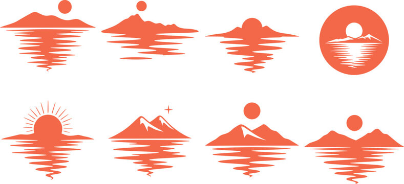 Vector set of peak mountain reflections, Silhouette set of orange sunset silhouettes, minimal water landscape icons for travel, scenic Summer illustration design