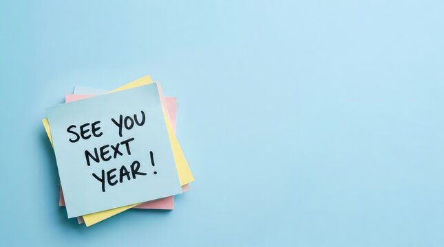 See You Next Year message on a stack of colorful sticky notes on a blue background