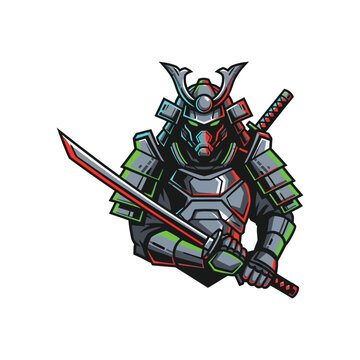 Samurai warrior in armor holding sword.