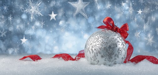 Fototapeta premium The Silver Christmas Ornament with Red Ribbon on Snowy Winter Background