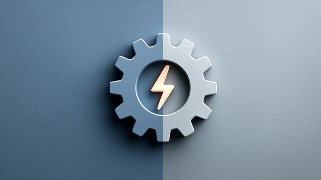 Operational Efficiency Gear with Lightning Bolt Symbol on Steel Blue and Stone Background Symbolizing Power and Automation