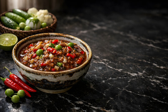 Thai spicy shrimp paste dip served with fresh vegetables on dark marble background, Nam Prik Kapi traditional Thai authentic food.