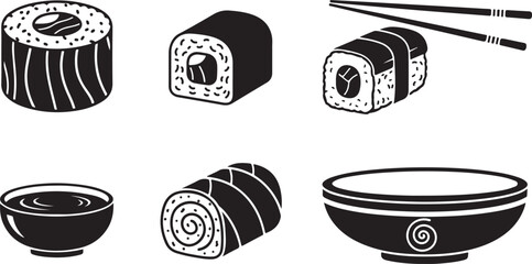 Traditional japanese sushi rolls and bowls displayed with chopsticks and plates silhouette vector icon © Mostakim72