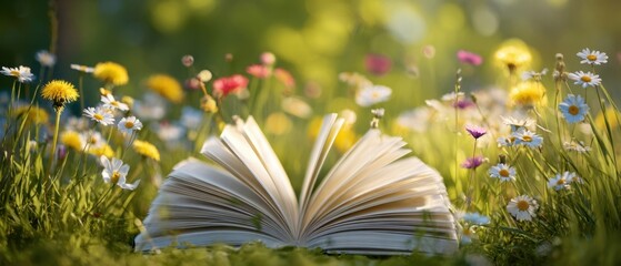 Naklejka premium The Book Open in a Sunlit Wildflower Meadow Evokes Imagination and Tranquility