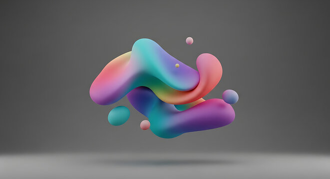 abstract flowing amorphous shape in pastel rainbow colors, organic fluid blob with small spheres, digital art with soft gradient