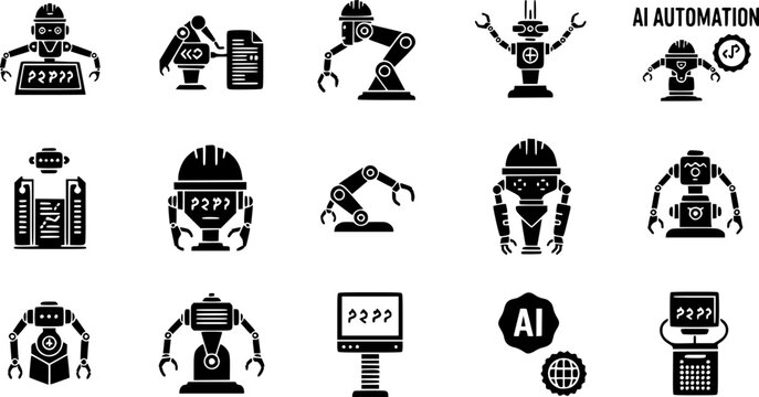 Collection of robotics engineer programming icons and symbols in a silhouette style isolated on white background
AI automation Vector silhouette illustration isolated on white background