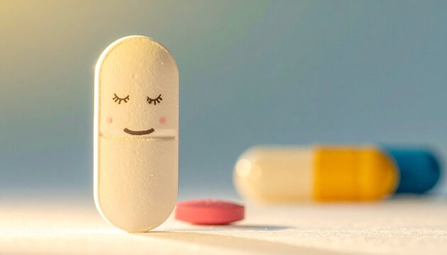Three pills on light surface, one orange-white capsule upright with smiling face, another capsule lying horizontally beside a round blue tablet, playful composition anthropomorphizing medicine with so