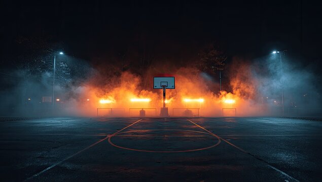 Basketball court at night with dramatic orange smoke and stadium lights