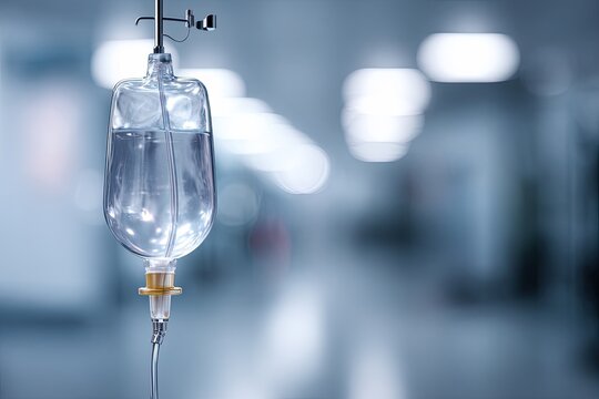 A medical IV drip bag hangs in a bright, blurred hallway. The focus is on the saline solution