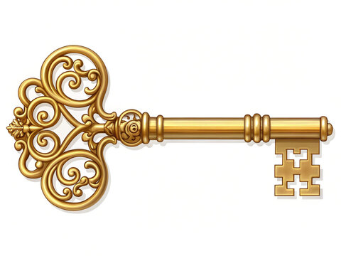 Antique golden skeleton key isolated on transparent background
