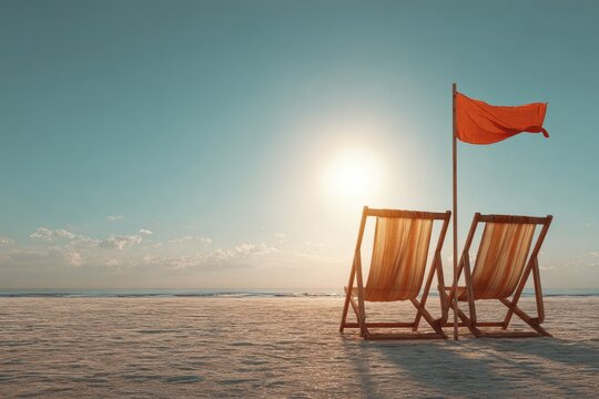 Beach scene with two wooden beach chairs and a waving red flag under bright sunlight