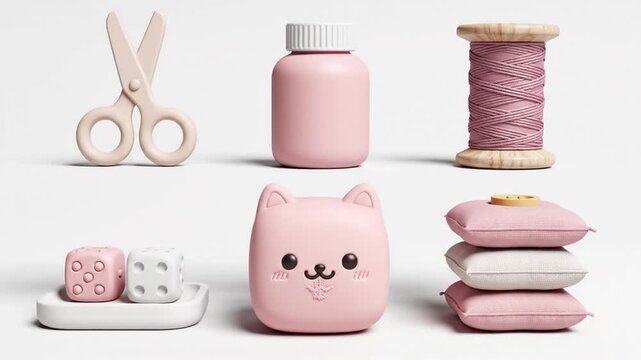Cute Pink Crafting & Sewing Supplies: Scissors, Thread, Cat, Dice, Pill Bottle, Cushions