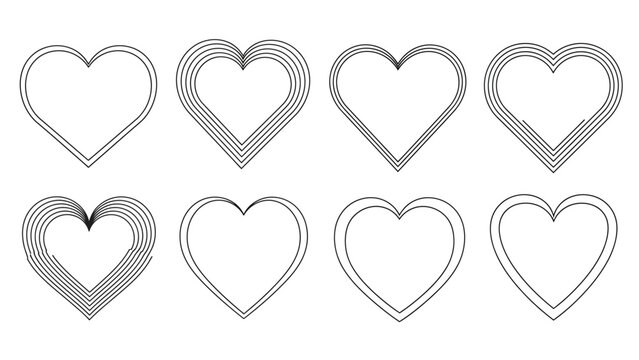 Minimalist heart outline icons set with multi line borders and geometric shapes for modern romantic design.