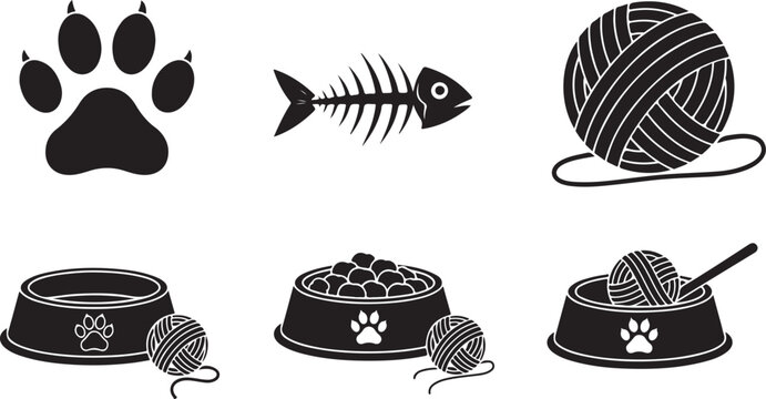 Pet food and toys with paw prints, fish skeleton, and yarn balls silhouette vector icon