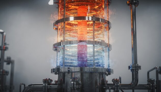Focused medium shot of a heated distillation column segment with visible heating elements and transparent sight glasses revealing temperature gradients.