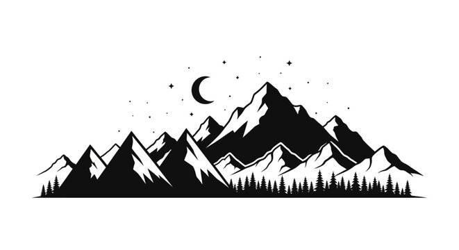 Black silhouette of mountain range landscape.