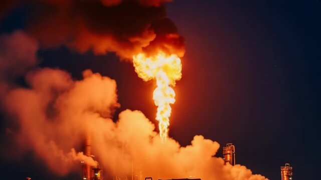 A powerful industrial flare stack burns intensely against a dark night sky, emitting bright orange flames and thick smoke from a chemical or oil refinery.