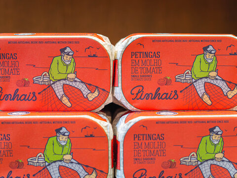 Pinhais sardines factory, Portugal souvenir sardine boxes in tomato sauce, Matosinhos city near Porto, Portugal, 8th April 2026, artisanal food