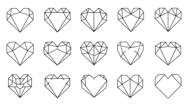 Geometric heart icons set with origami and low poly crystal line art style.