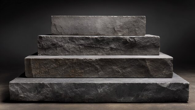 Four unevenly stacked, textured gray stone blocks on a neutral background