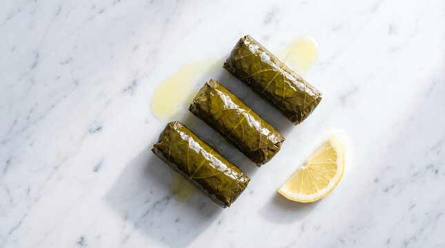 Overhead view of three dolmas on a marble surface with a lemon wedge and olive oil droplets.