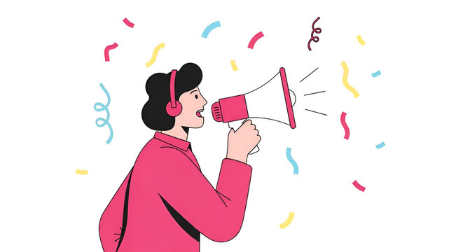 Cheerful announcer with megaphone making announcement surrounded by colorful confetti on black background illustration