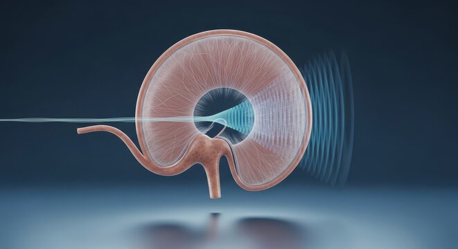 Tympanic membrane 3D microscopic render, eardrum structure visualization, sound vibration transmission system, collagen fiber tension membrane, auditory conduction anatomy concept, otology study
