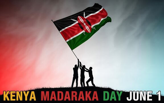 Silhouettes Raising Kenyan Flag Against Gradient Sky