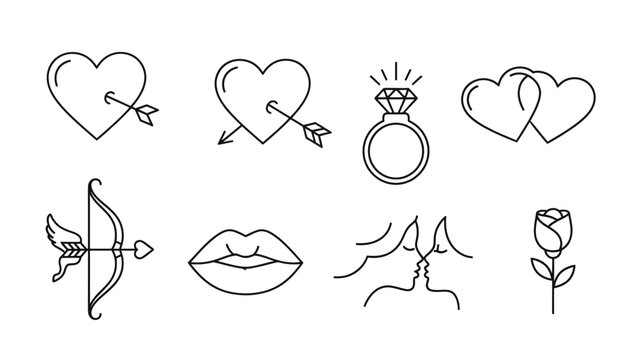 Collection of romantic love line icons featuring cupid bow and hearts.