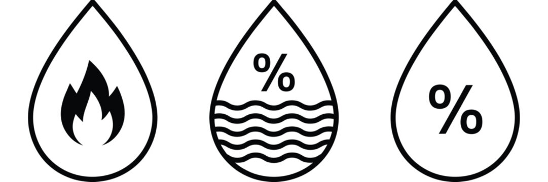 Water drop and fat percentage line icon set featuring calorie burn symbols, humidity indicators, liquid level measurement, hydration tracking elements,