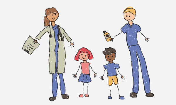 Scalable, Pediatric Healthcare Naive Art, Toddler Drawing, Diverse Doctor Nurse and Children Hospital Ward, Vector Illustration