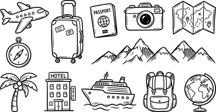travel and tourism line icons set with airplane luggage passport camera map compass mountains hotel cruise ship backpack and globe symbols isolated on transparent background