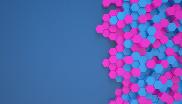 Illustation of blue and magenta color hexagons - abstract background - wallpaper.