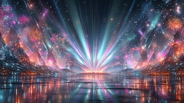 Vibrant light bursts in a cosmic landscape.