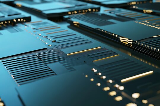 Chip computer. Cpu. multiple electronic chips aligned in a grid pattern, showcasing intricate details and textures on a reflective surface in a technology-focused environment