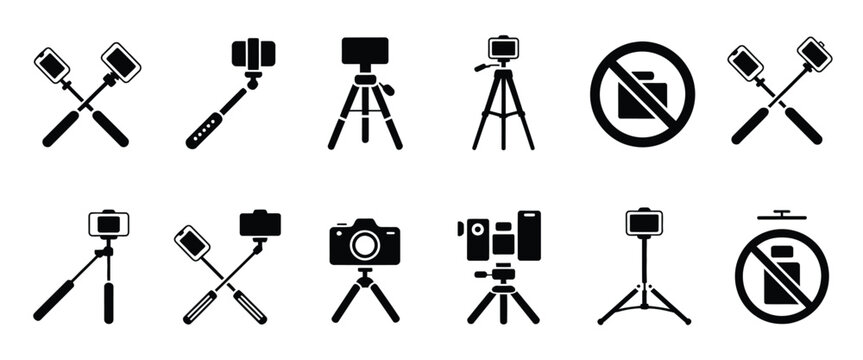 Selfie stick icon set for mobile photography featuring monopods, tripod stands, smartphone holders, and no camera symbols, modern minimalist line art for social media apps, photography tools