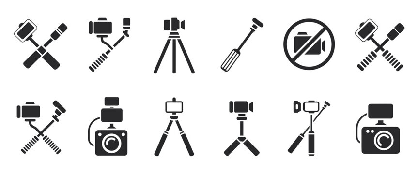 Selfie stick icon set for mobile photography featuring monopods, tripod stands, smartphone holders, and no camera symbols, modern minimalist line art for social media apps, photography tools