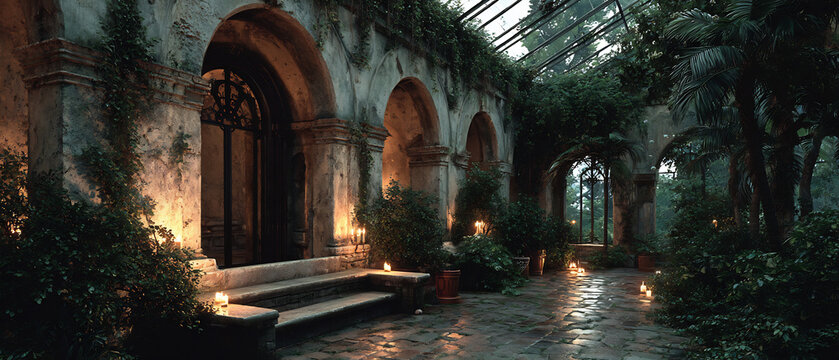 Enchanting candlelit conservatory with overgrown plants, ancient architecture, and reflective wet floors.
